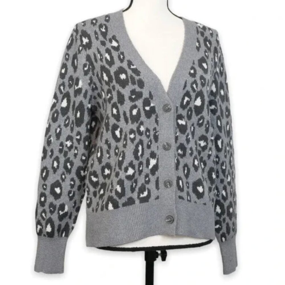 LUCKY BRAND Leopard Cardigan Sweater Gray Grey Black Cheetah Animal Print Button